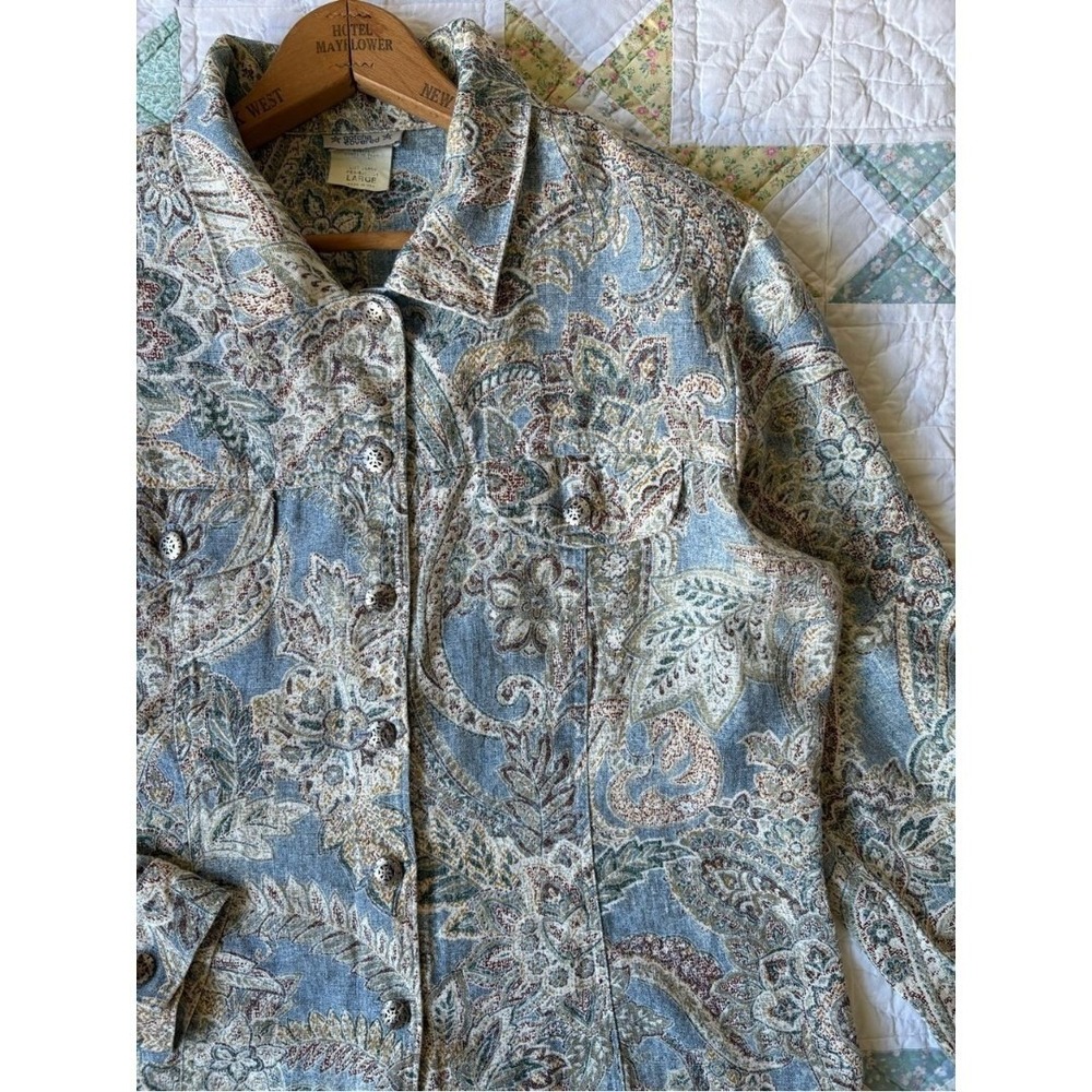 Vintage 100% Linen Paisley Shacket Shirt Jacket Large Cottagecore Coastal
